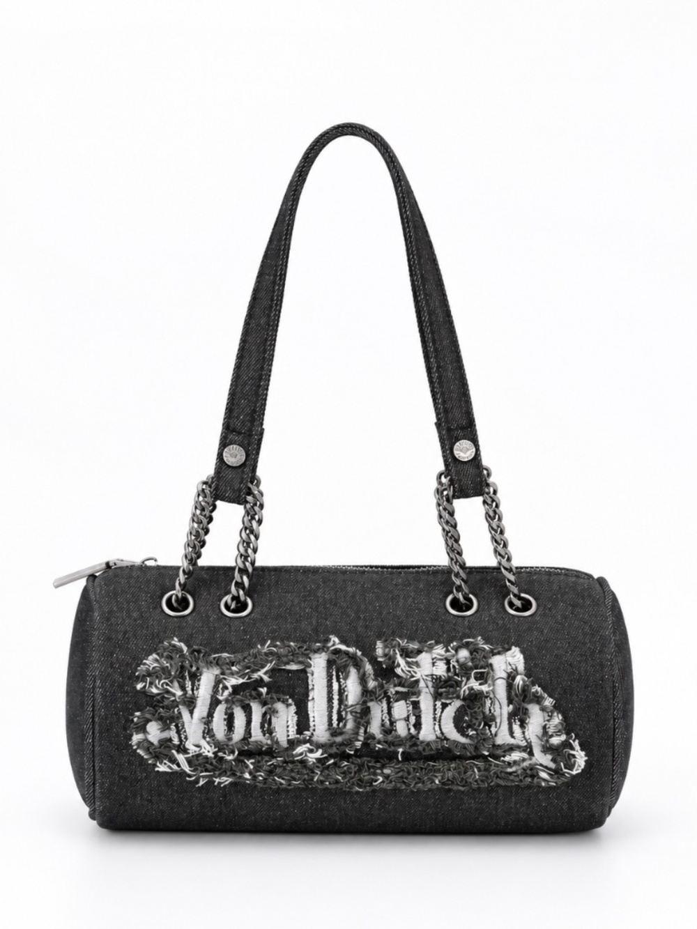 Von Dutch Long Barrel Bag Black Distressed Denim Y2K Chain Shoulder Purse NWT